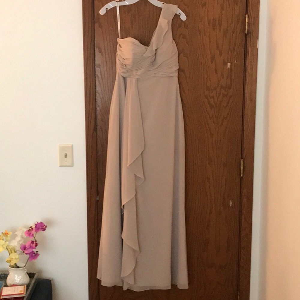 David’s Bridal Biscotti one shoulder dress